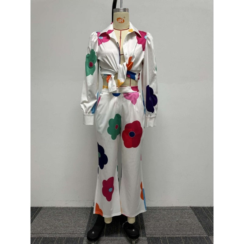 Flora Printed Women 2 Piece Set Elegant Button Up Blouse&shirts Wide Leg Pants Matching Set Autumn Office Lady Tracksuits