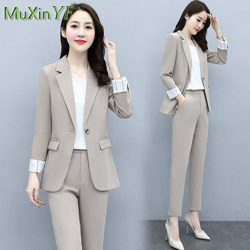 Women's Professional Wear Spring Fall New Suit Jacket Vest Pants Three-piece Korean Fashion Blazers Trousers Suspender Set