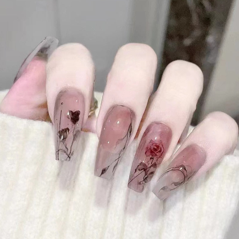24 -stcs/doos rode ballerina nep nagels druk op nial kunsttips valse nagels druk op nagels kist kunstmatige nagels