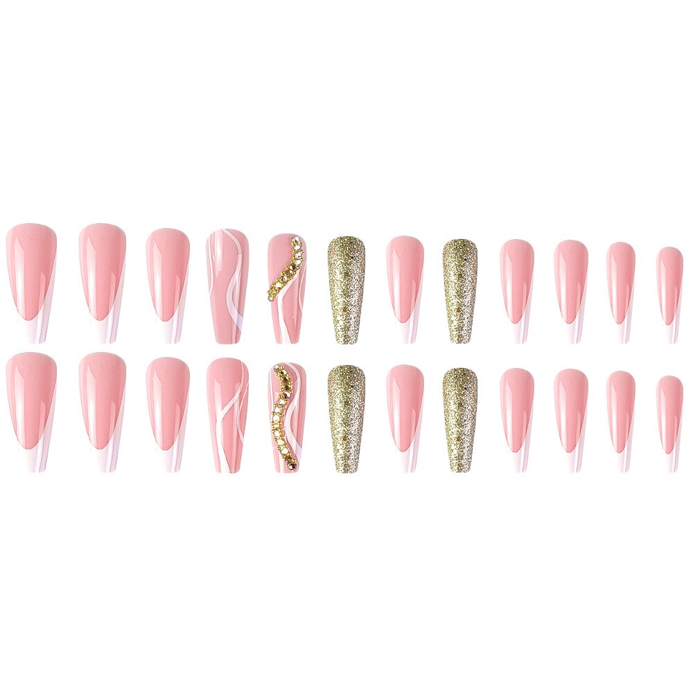 3D nude pink strobe fake nails accessories long french coffin tips with glitter diamond faux ongles press on false nail supplies