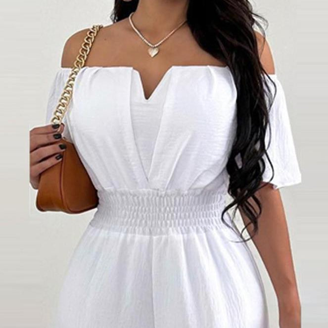Jumpsuits for Women Spring Fashion Off Shoulder Casual Plain Short Sleeve Shirred Waist Daily Long Wide Leg Jumpsuit