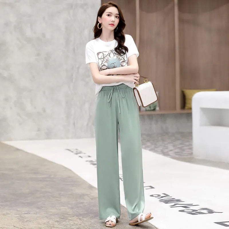 Women Two Piece Outfits Summer New In Korean Style Short Sleeve Fashion Wide Leg Pants Set Casual Couture Fall Suit Female D Style