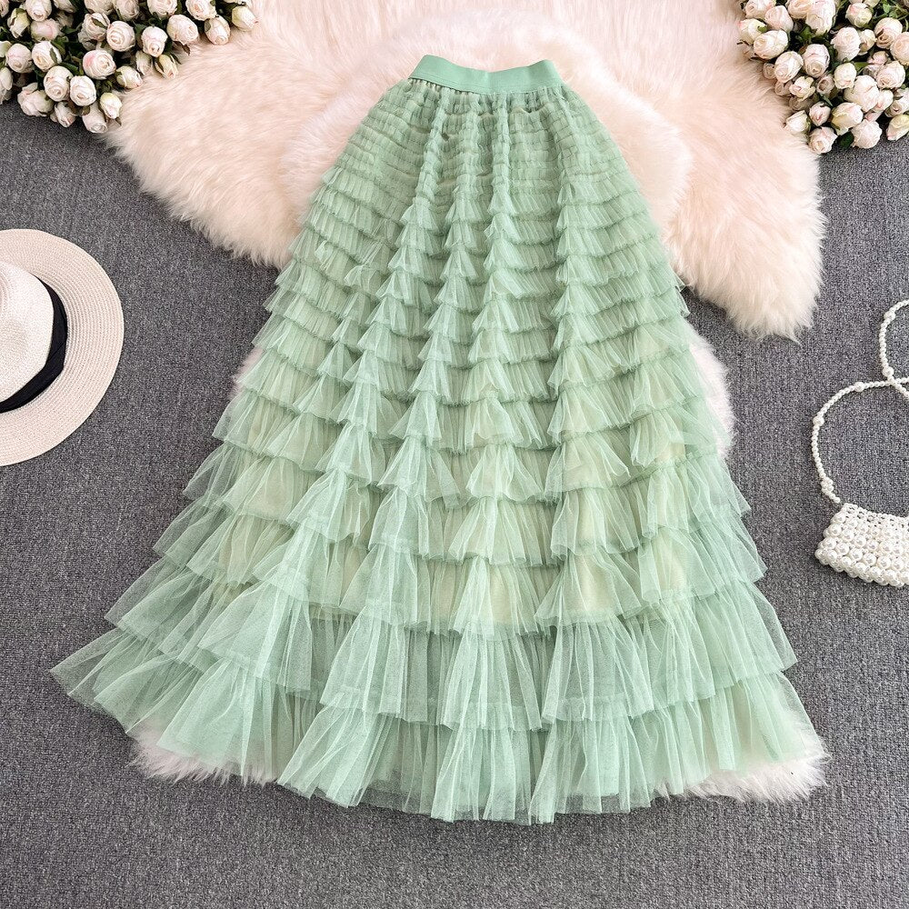 Super Long 97cm Maxi Tulle Skirts for Women 2023 New Chic Patchwork Cake Skirt Multilayer Large Swing A-Line Skirts Mujer Faldas Bean green One Size