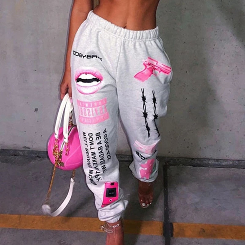 Women Fashion Elastic Waist Sports Casual Harem Pants Femme Joggers Trouser Printed Sweatpants