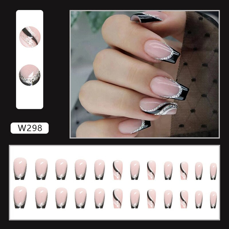 Halloween Press on Fake Nail Set Art Black French Tip Full Cover Coffin Acrylic Short Press-on Pressure False Nails Tips 24pcs W298