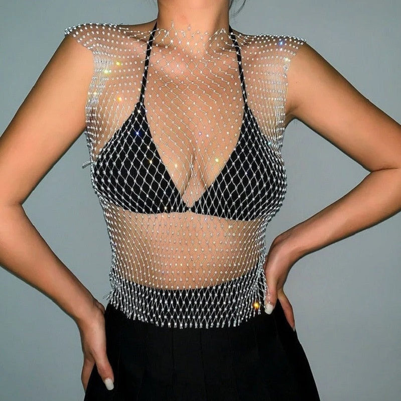 Women's Fishnet Rhinestone Crop Top 2023 Summer Sexy Mesh High Elastic Black White Shirt Net See Through Rave Diamond Tank Top