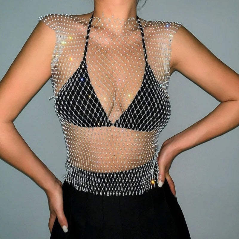 Women's Fishnet Rhinestone Crop Top 2023 Summer Sexy Mesh High Elastic Black White Shirt Net See Through Rave Diamond Tank Top