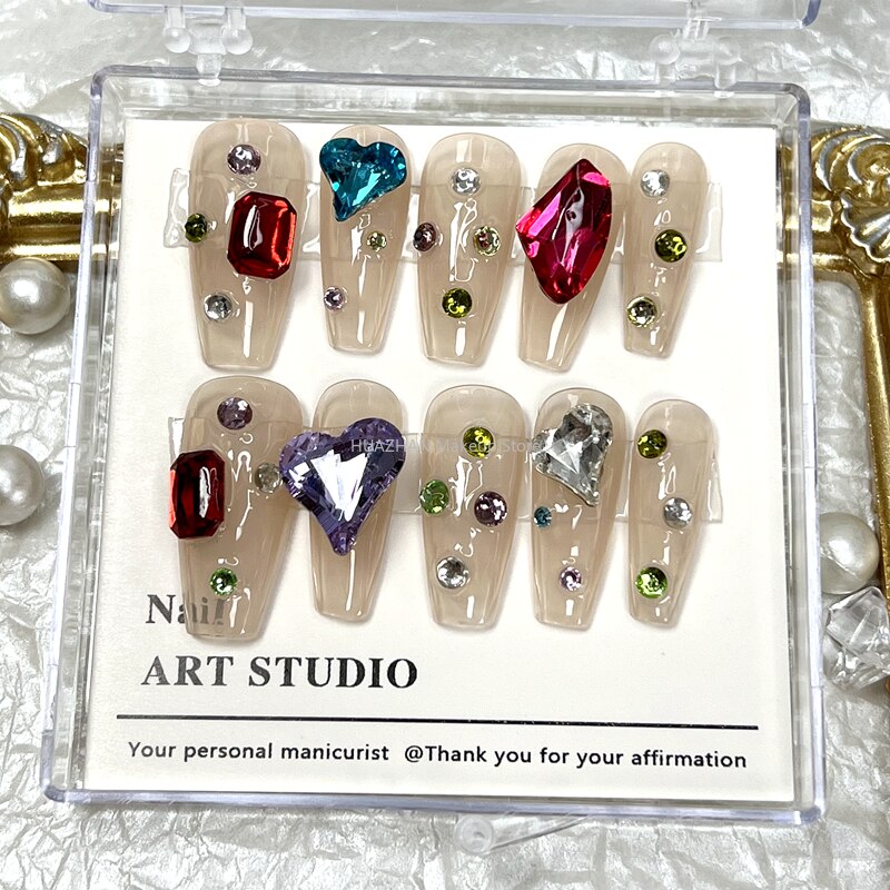 Colorful Glittery Rhinestone Press On Nails Y2K Handmade Long CoffinFalse NailsTips Reusable Fake Nail With Glue Manicure Gift