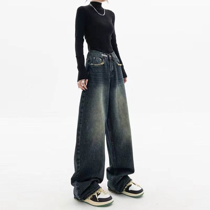 Harajuku Retro Washed Vintage Streeetwear Y2K Baggy Pants Fashion Women High Waist Jeans Wide Leg Straight Loose Denim Trousers