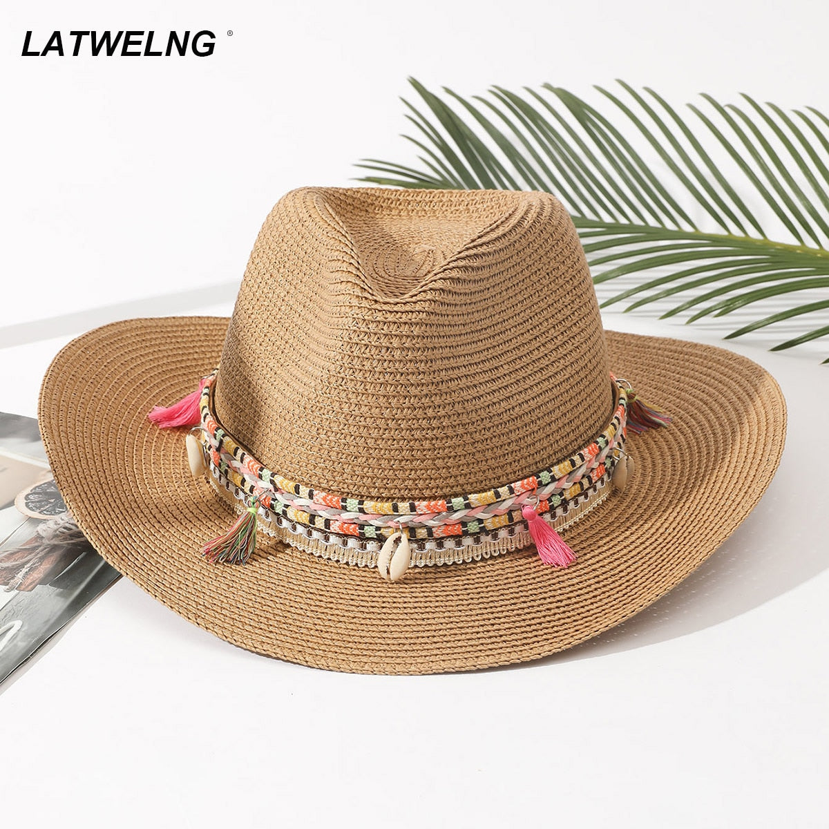 Women Pink Tassel Cowboy Hat Floppy Beach Hats Summer Straw Hats Ladies UV Protection Hat Panama Sun Hat