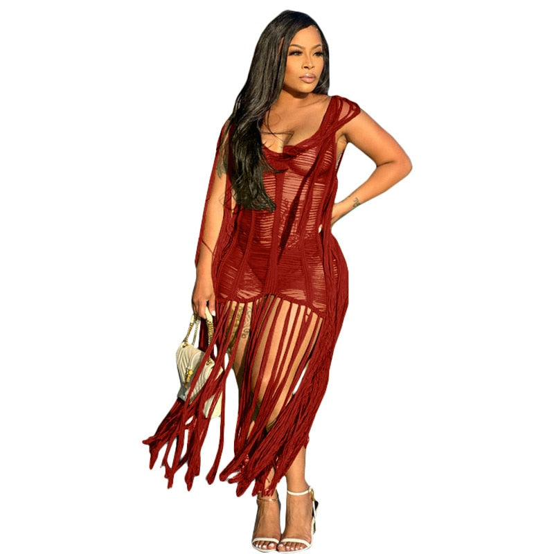 Sexy Crochet Knit Rib Tassel Mini Dress for Women Summer 2023 Fashion Sleeveless See Through Club Party Dresses Beach Wear Robe burgundy