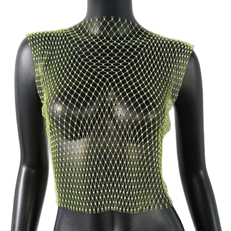 Women's Fishnet Rhinestone Crop Top 2023 Summer Sexy Mesh High Elastic Black White Shirt Net See Through Rave Diamond Tank Top Green O neck