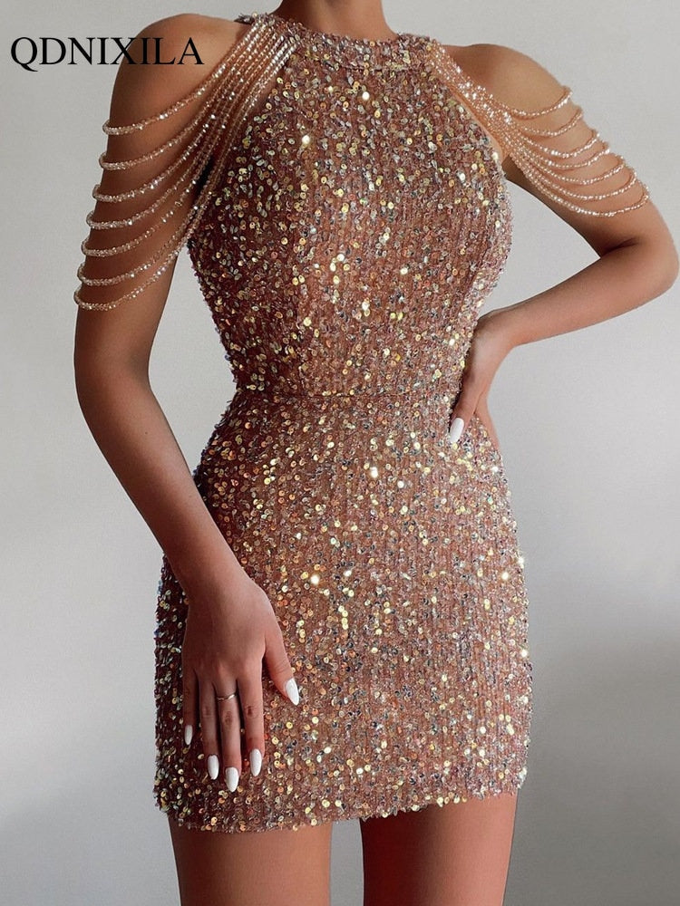 Robe de soirée à paillettes pour femmes, tenue de soirée de luxe, courte, Chic et élégante, Sexy, avec franges en cristal, nouvelle collection d'été 