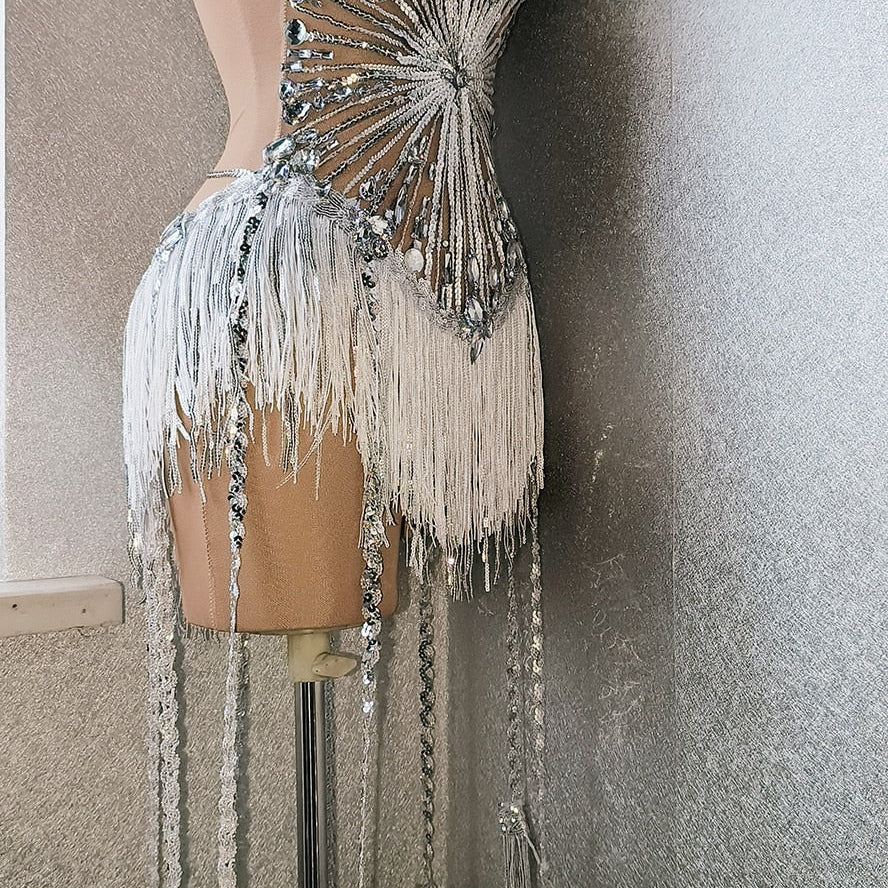 Sexy Rhinestone Crystal Bodysuit Women Big Stretch Tassel Club Prom Drag Queen Costume DS Stage Singer Dance Fringe Leotard
