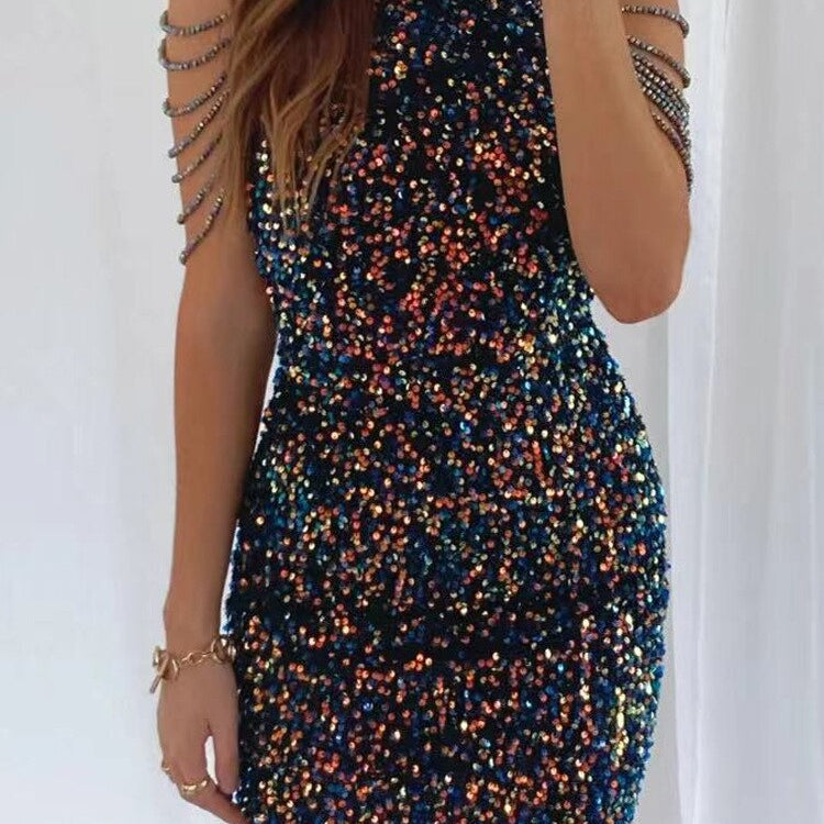 Summer New In Fashion Women's Dress Sequined Luxury Party Short Dresses Chic and Elegant Sexy Crystal Tassel Evening Dress Black