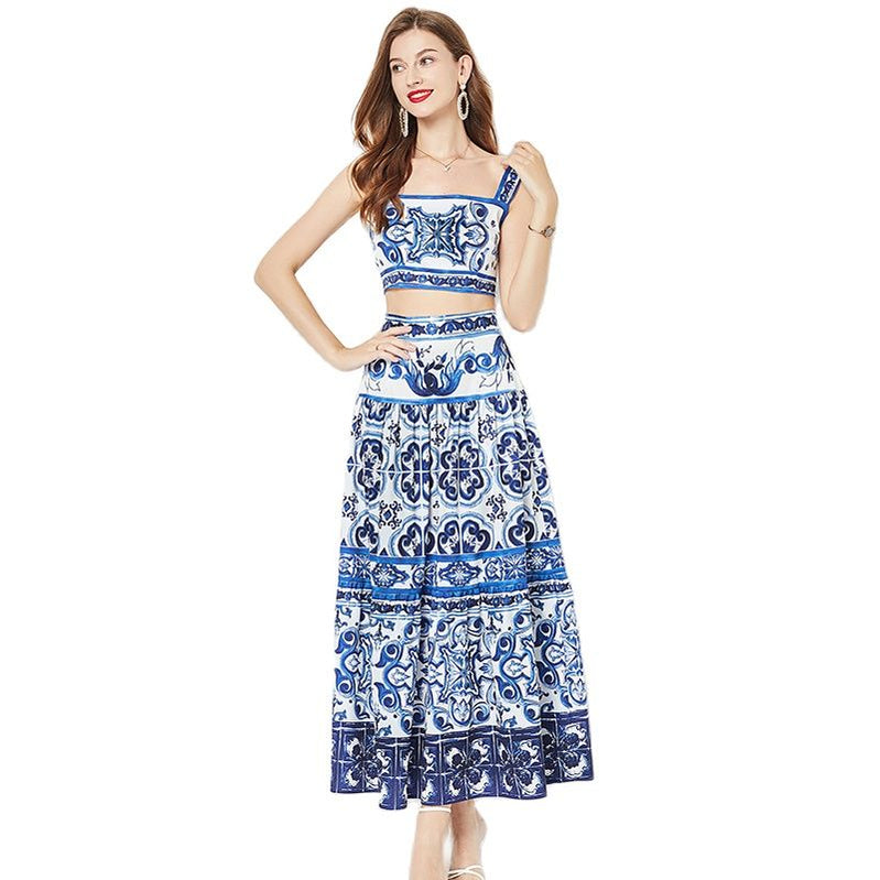 Summer Floral Dress Sets Women 2 Piece Outfit Sexy Slim Tops and Skirt Party Set Suspender Strap Suit Ballgown Frocks