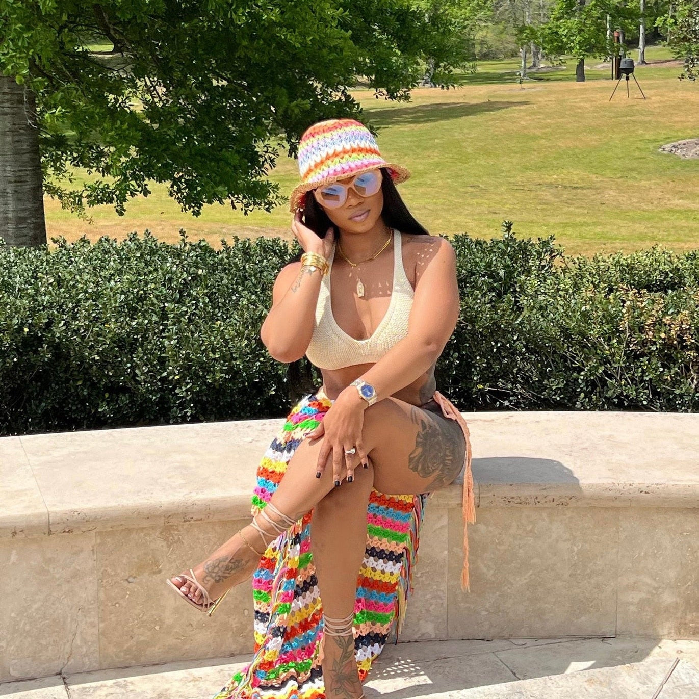 Womens Crochet Beach Cover Up Skirts Sexy High Side Slit Tassel Hem Rainbow Striped Long Maxi Skirt 2023 Summer Vecation Dress