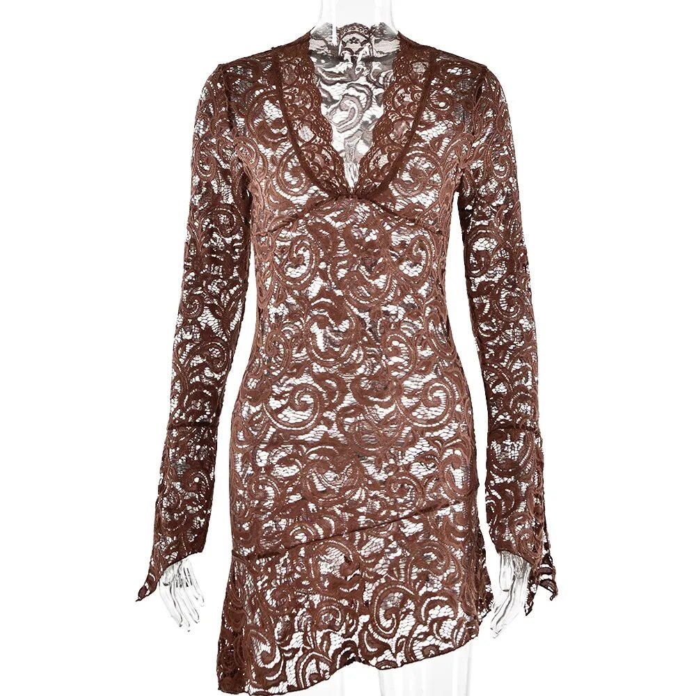 Sexy See Through V-neck Longsleeve Lace Mini Dress Women Summer Skinny Hollow Out Dresses Club Party Clothes brown