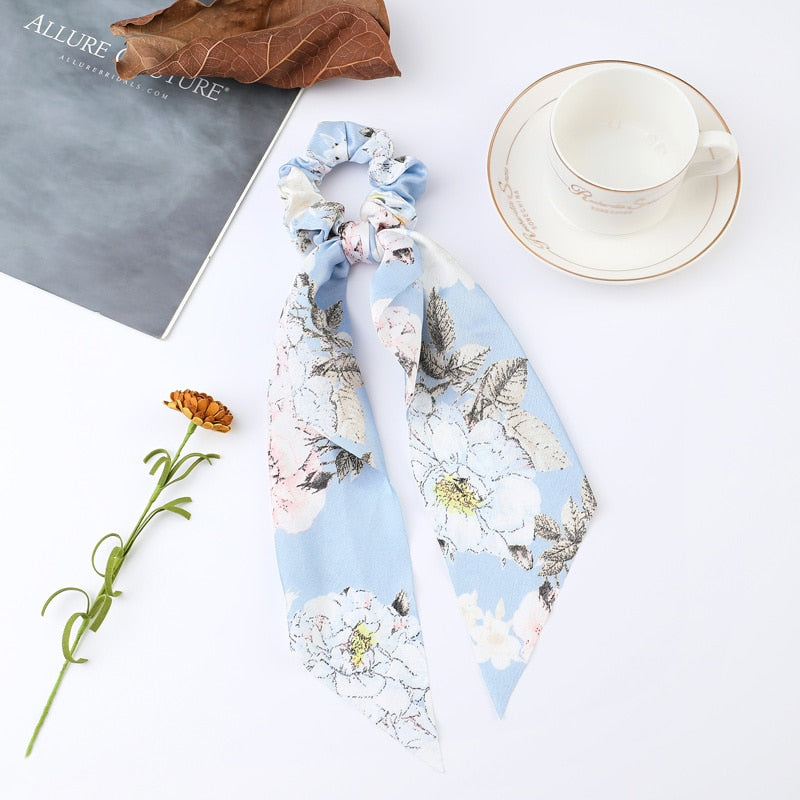 Fashion Print Chiffon Long Ribbon Scrunchies Women Girls Ponytail Scarf Elastic Hair Bands Ties Hair Accessories Wholesale 2