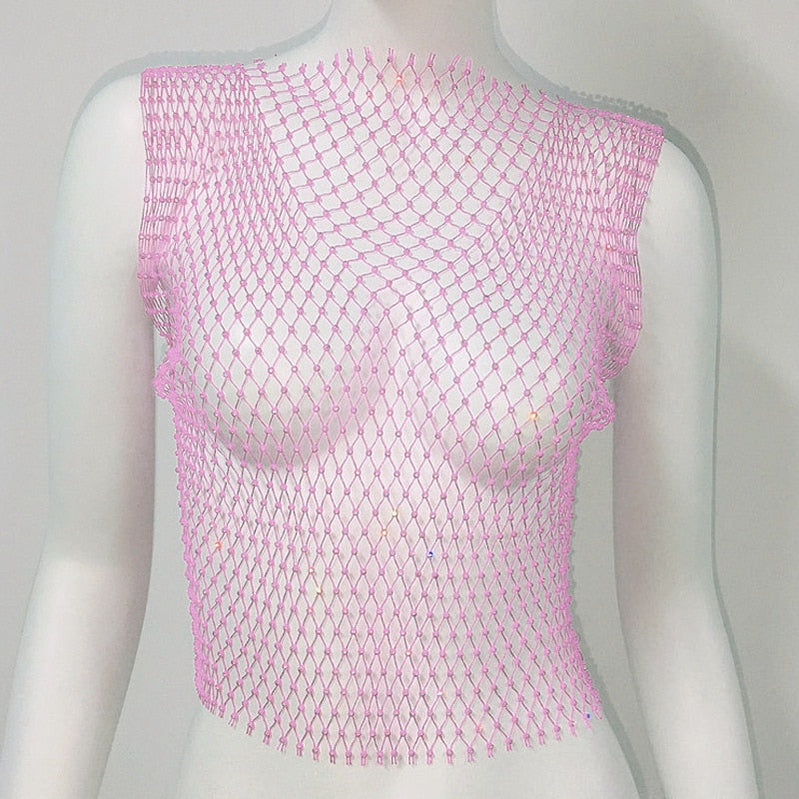 Women's Fishnet Rhinestone Crop Top 2023 Summer Sexy Mesh High Elastic Black White Shirt Net See Through Rave Diamond Tank Top Pink Spain
