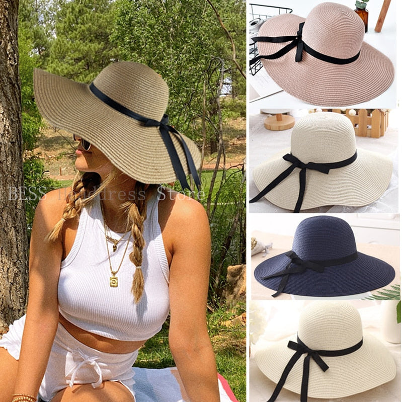 Simple Foldable Wide Brim Floppy Girls Straw Hat Sun Hat Beach Women Summer Hat UV Protect Travel Cap Lady Cap Female