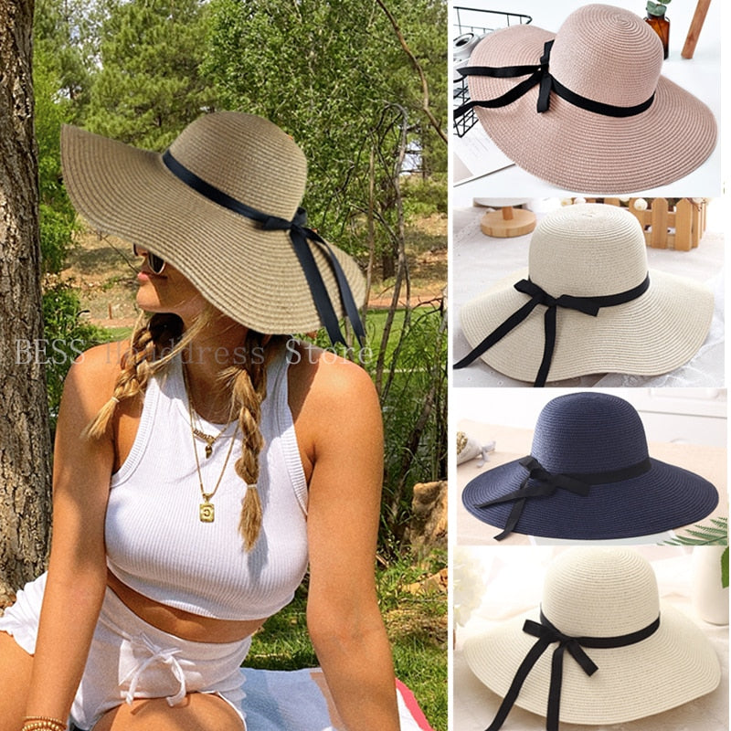 Simple Foldable Wide Brim Floppy Girls Straw Hat Sun Hat Beach Women Summer Hat UV Protect Travel Cap Lady Cap Female