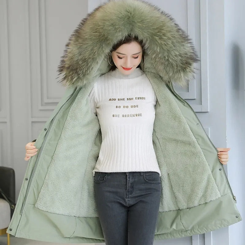 Fashion Long Winter Coat Women Clothing Wool Liner Hooded Parkas Slim With Fur Collar Warm Winter Jacket Women 6XL Green