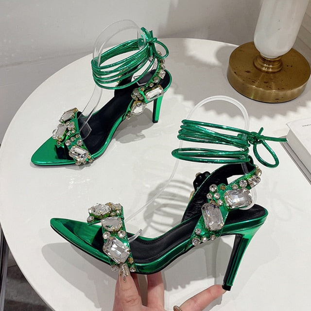 Sexy Ankle Strap Golded Sandals Women Party Nightclub Stripper Heels Crystal Diamond Pointed Toe Wedding Shoe 8.5CM Green