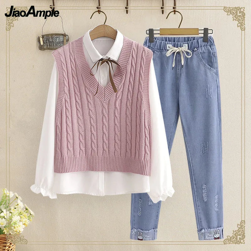 Women's Korean Preppy Style Student 3 Piece Clothing Set Spring Fall Girls Casual Bow Shirt Knit Vest Denim Pants Outfits
