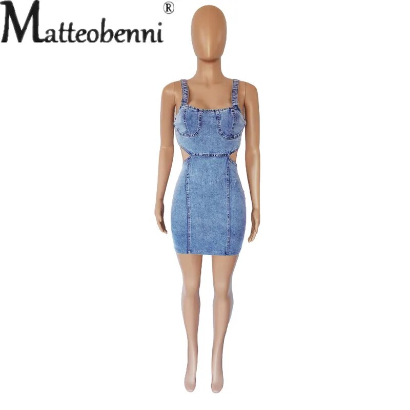 Sexy Backless Hollow Out Suspenders Denim Dress Female Fashion Casual Party Trend Streetwear Women Sleeveless Dressy Short Gown