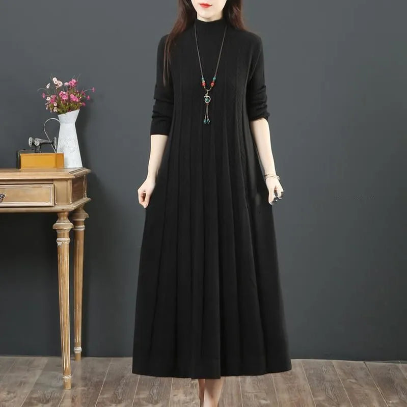 Oversize Women Long Dress For Autumn Winter Vertical Grain Wave Half High Collar Pullover Slim Bottom Sweater Lady Dresses black