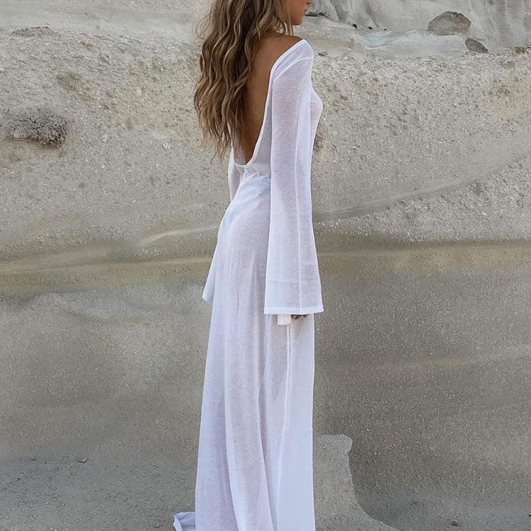 Maxi Long Sleeve Women Dress Backless Club See Through Mesh Summer Sexy Party Beach Dresses Bodycon Casual