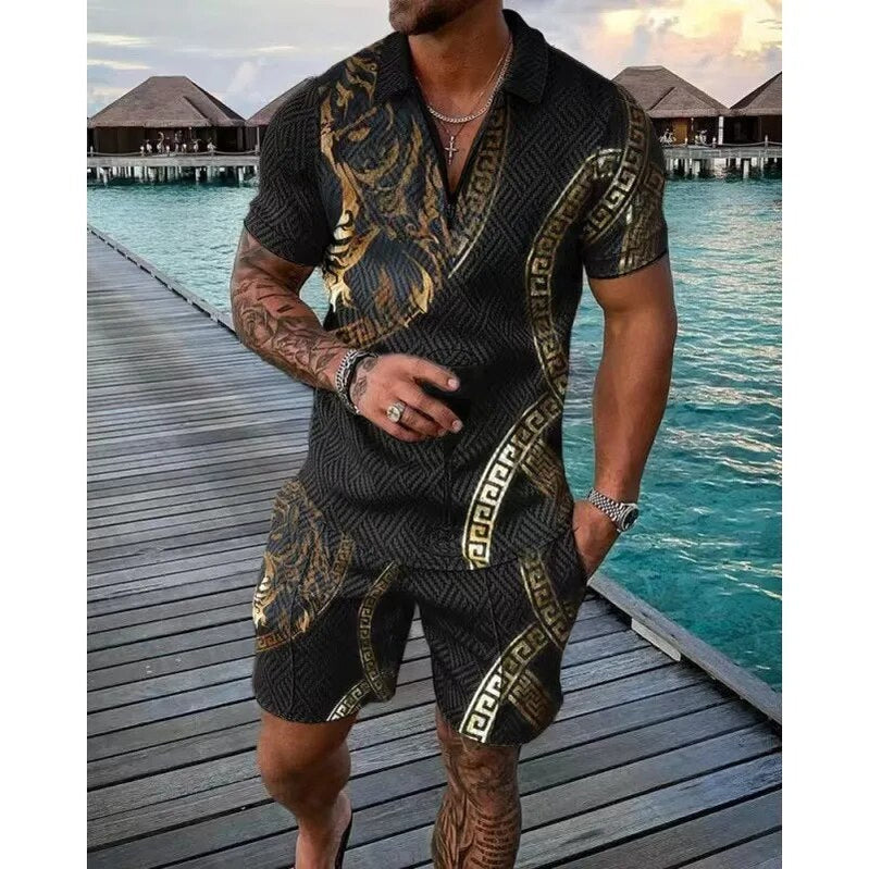 summer men's Polo shirt short sleeve 3D printing luxury retro Polo suit shirt flannel collar sportswear leisure suit 2-piece 4