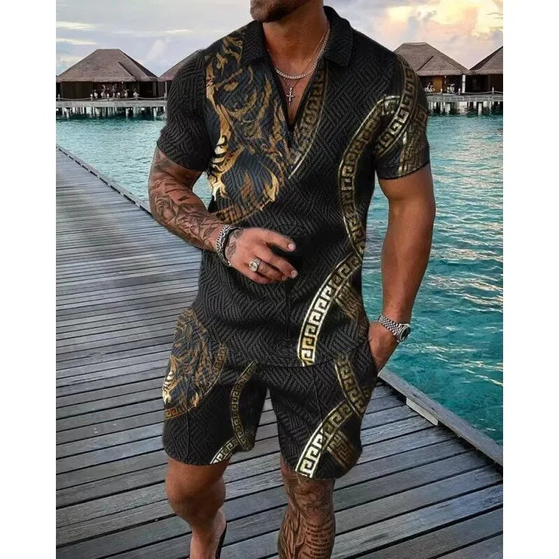 summer men's Polo shirt short sleeve 3D printing luxury retro Polo suit shirt flannel collar sportswear leisure suit 2-piece 4