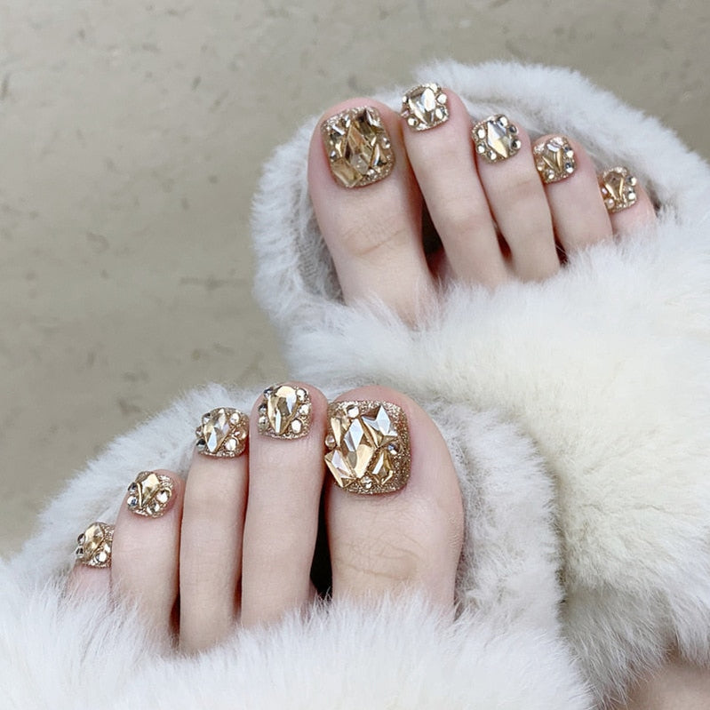 Summer Gold Full Diamond Feet Nails Press på falske glitter tå negle klistremerker full cover tå negl tips falske fot negler
