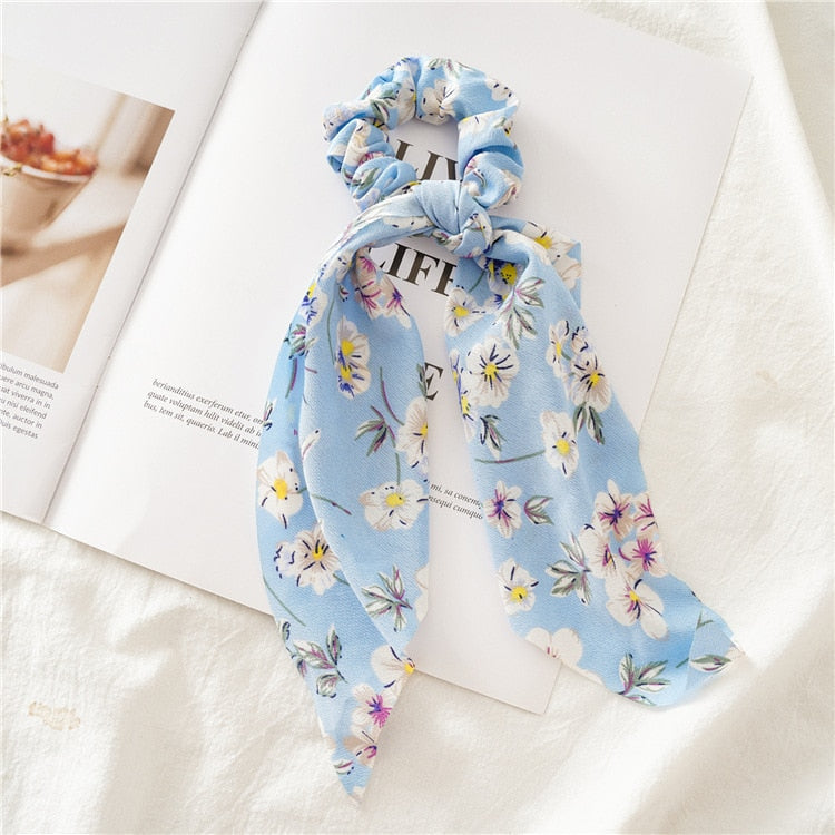 Fashion Print Chiffon Long Ribbon Scrunchies Women Girls Ponytail Scarf Elastic Hair Bands Ties Hair Accessories Wholesale 18
