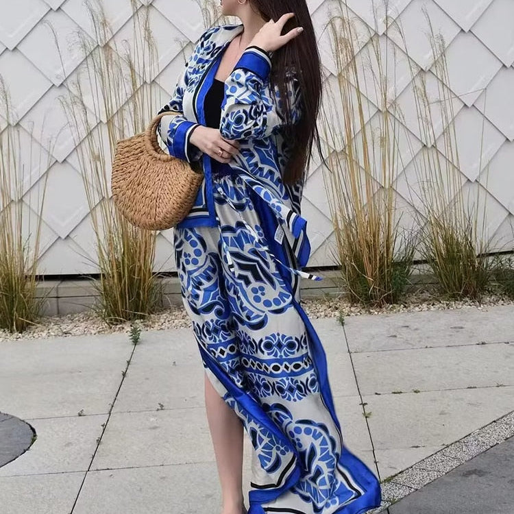 Woman Shirts Pants Sets New Summer Geometric Print Loose Long sleeved Shirts Fashion Elastic Waist Wide Leg Pants Outfits