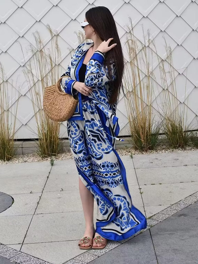 Woman Shirts Pants Sets New Summer Geometric Print Loose Long sleeved Shirts Fashion Elastic Waist Wide Leg Pants Outfits