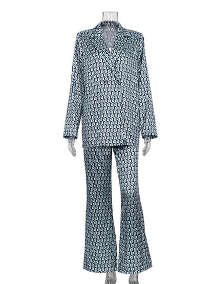Autumn Winter Women Office Satin Suit Sets Printed V-neck Long Sleeve 2 Piece Pant Matching Set