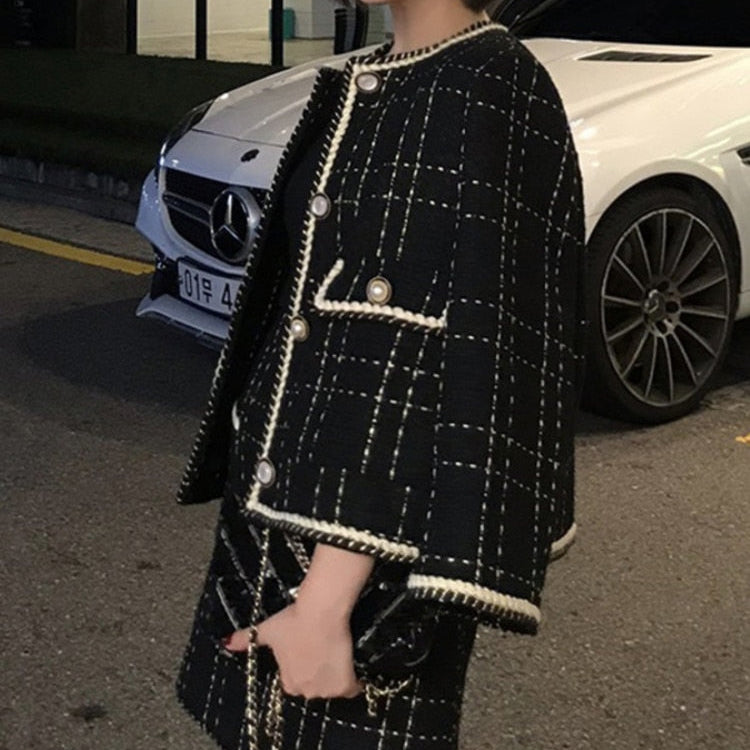 European Style Autumn Winter 2 Piece Set Women Short Woolen Tweed Jacket Coat & Bodycon Mini Skirt Set Women Two Piece Outfits