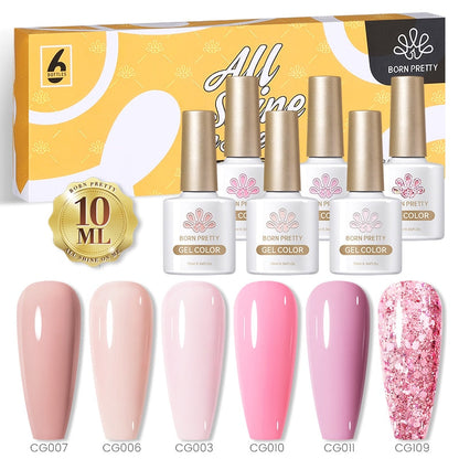BORN PRETTY 10ml Nude Pink Gel 6PCS Nail Polish Set Milky Jelly Pink Transparent Serise Soak Off UV LED Nail Gel Varnish Kit
