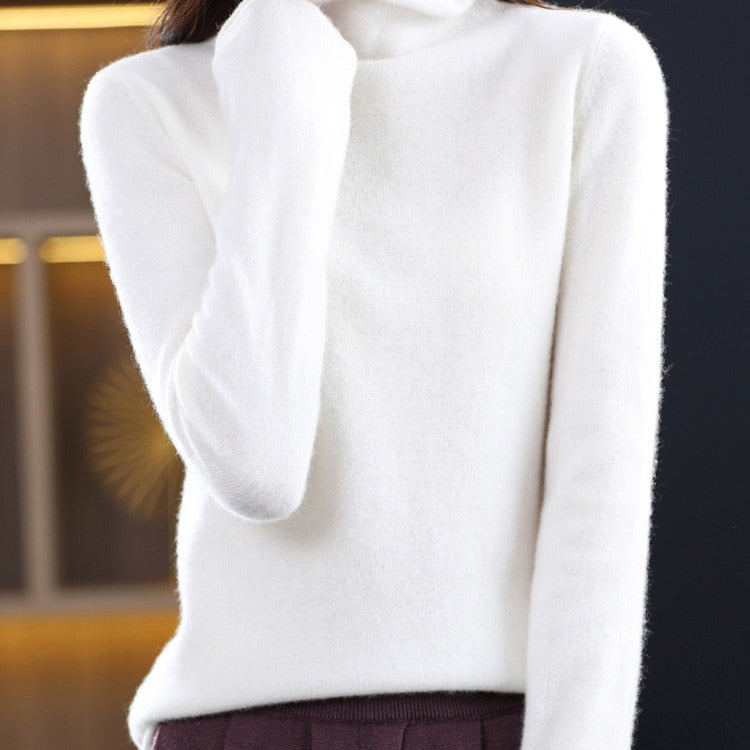Pure Wool Women Sweater Autumn Winter Fashion Pile Collar Pullover Cashmere Sweater Casual Long-sleeved Knitted Tops White