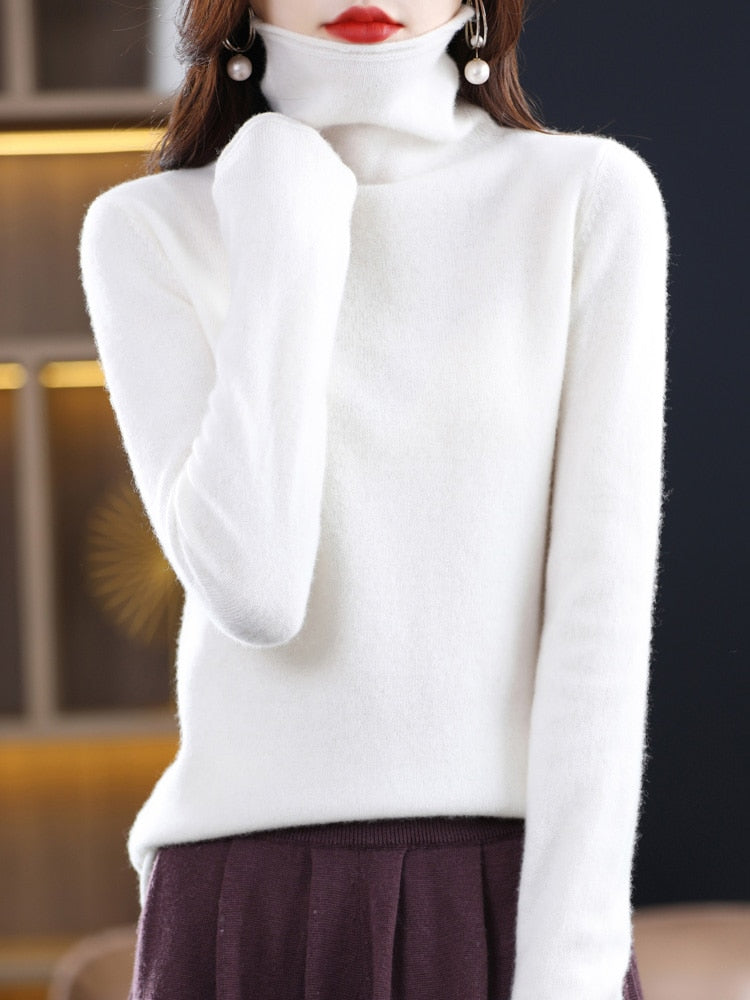 Pure Wool Women Sweater Autumn Winter Fashion Pile Collar Pullover Cashmere Sweater Casual Long-sleeved Knitted Tops White
