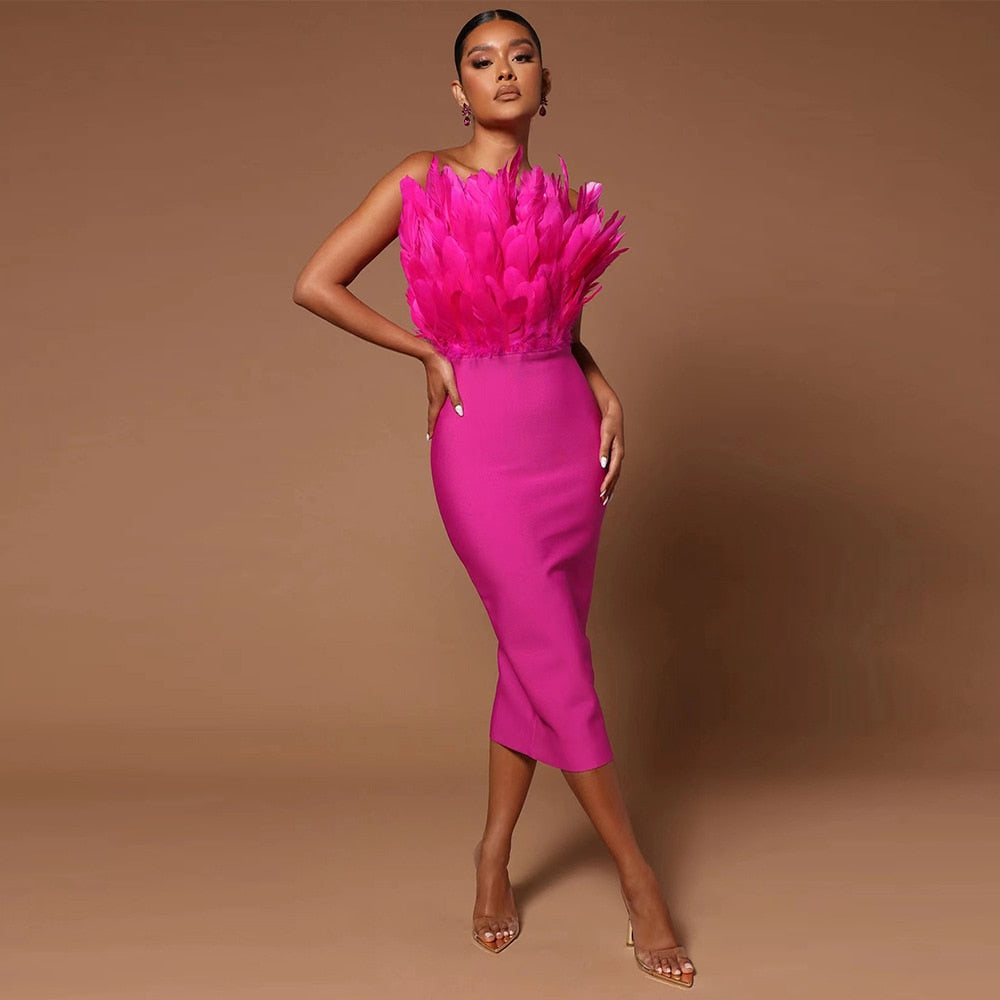 Sexy Feather Bandage Dress Vestidos Para Mujer Wedding Birthday Party Night Cocktail Club Dresses Rose red
