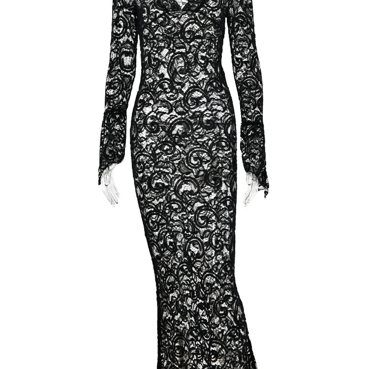 JULISSA MO 2023 Elegant Lace See Through V-neck Maxi Sexy Dress For Women Summer Chic Longsleeves Hollow Out Slim Floor Dress black