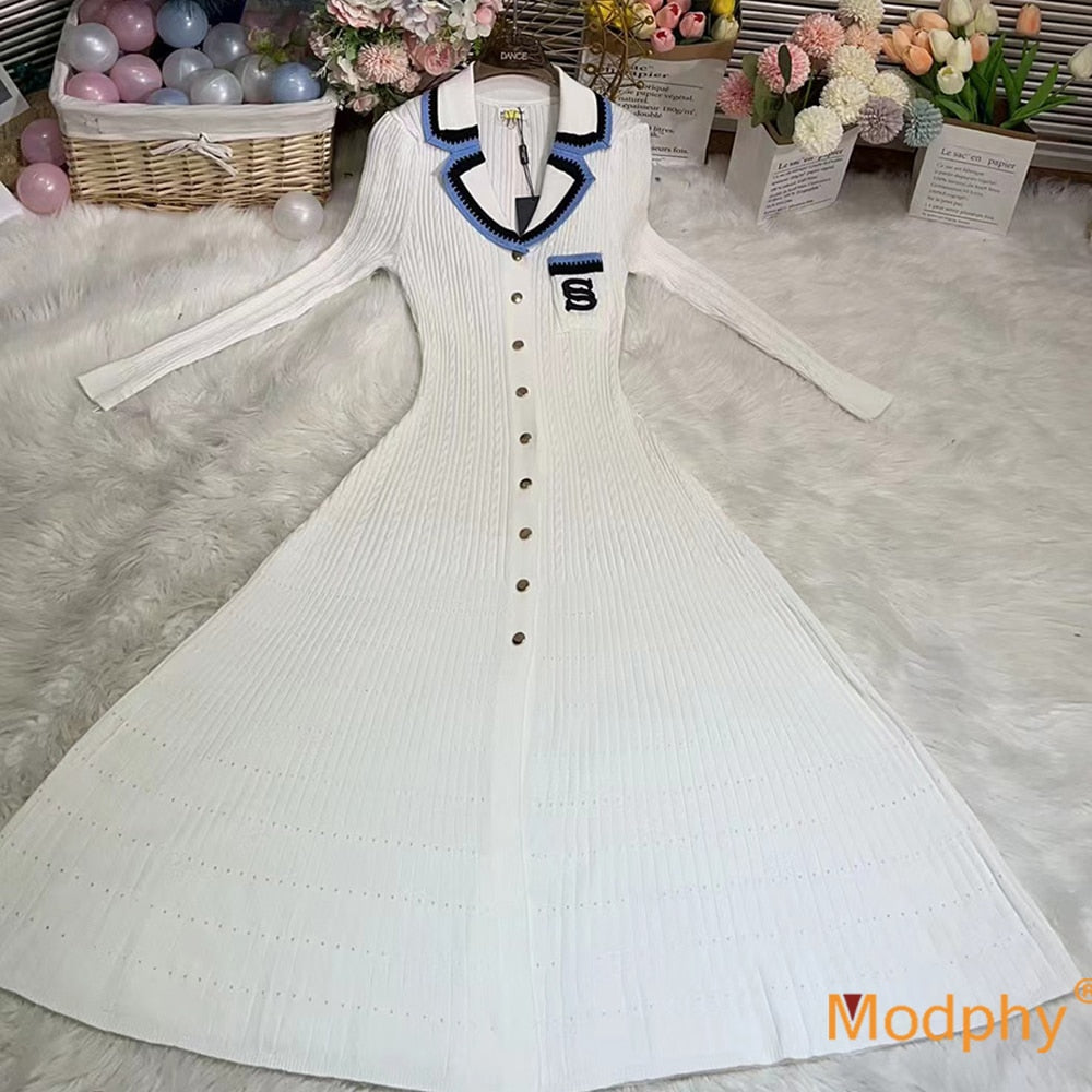 Modphy Elegant Slim Knitted Long Dress Women's Single breasted Long sleeved Designer Slim Vintage Dresses Autumn White Long Sleeve