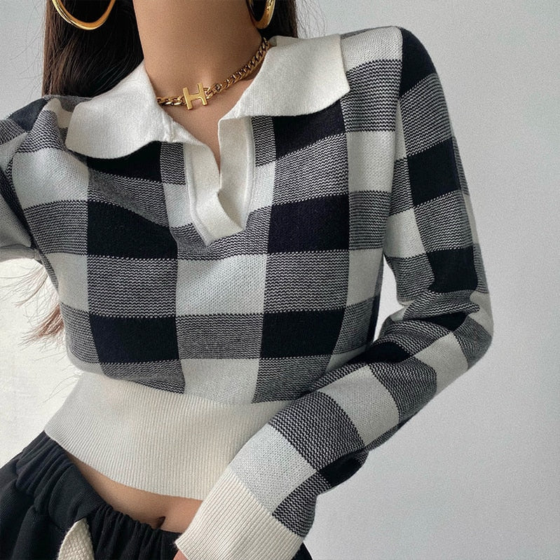Autumn Winter Vintage Knitwear Crop Tops Women Pullover Sweaters Fashion Female Long Sleeve Elastic Casual Plaid Knitted Shirts black One Size