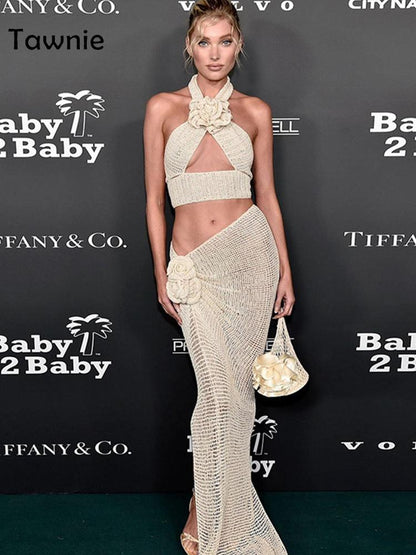 Tawnie Y2K Floral Appliques Knitted 2 Piece Sets Women 2023 Summer Sexy Halter Crop Top Split Maxi Skirt Sets Party Club Outfits