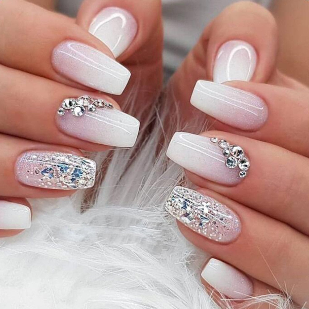 Trendy Gradient Pink False Nail Tips With Designs French Coffin Fake Nails Set Press on Short Ballerina Rhinestones Manicure