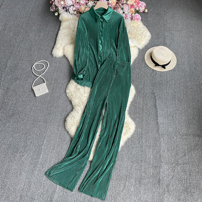 Casual Women Elegant Pleated Two Piece Set Long Sleeve Shirt And Wide Leg Pant Suits Loose Office Lady Outfits Autumn green 1 One Size